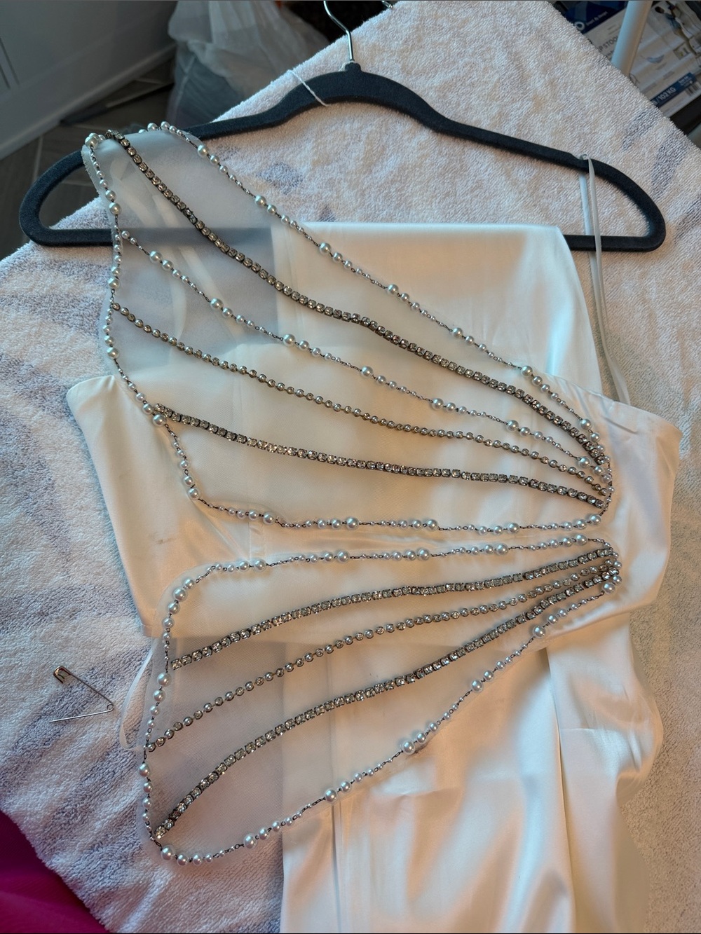 Asymmetrical White Evening Dress with Crystal & Pearl Straps